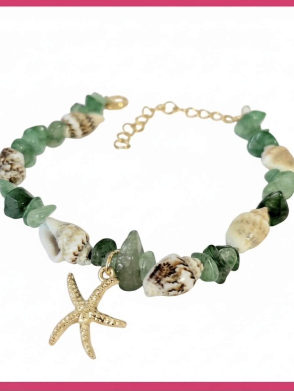 Natural Shells & Green Crystal Slices Bead Bracelet w/ Gold Starfish Charm